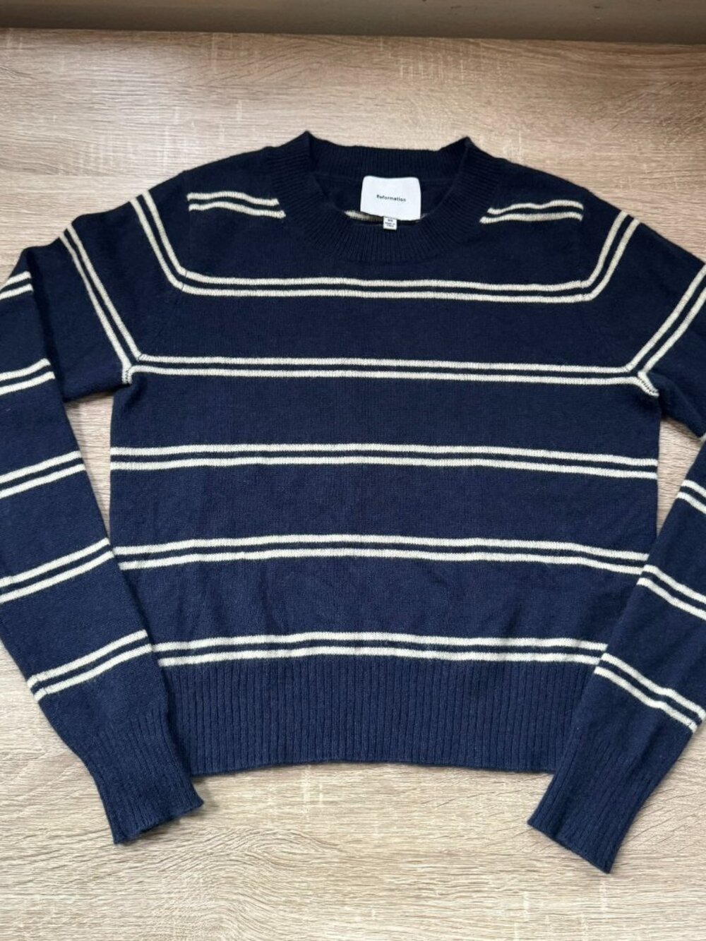 Reformation Dana Striped Cashmere Crew Sweater Navy White